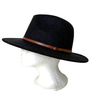 Wide Brim Black Fedora Hat Womens L Belt Buckle Band Panama Jazz Fall Fashion